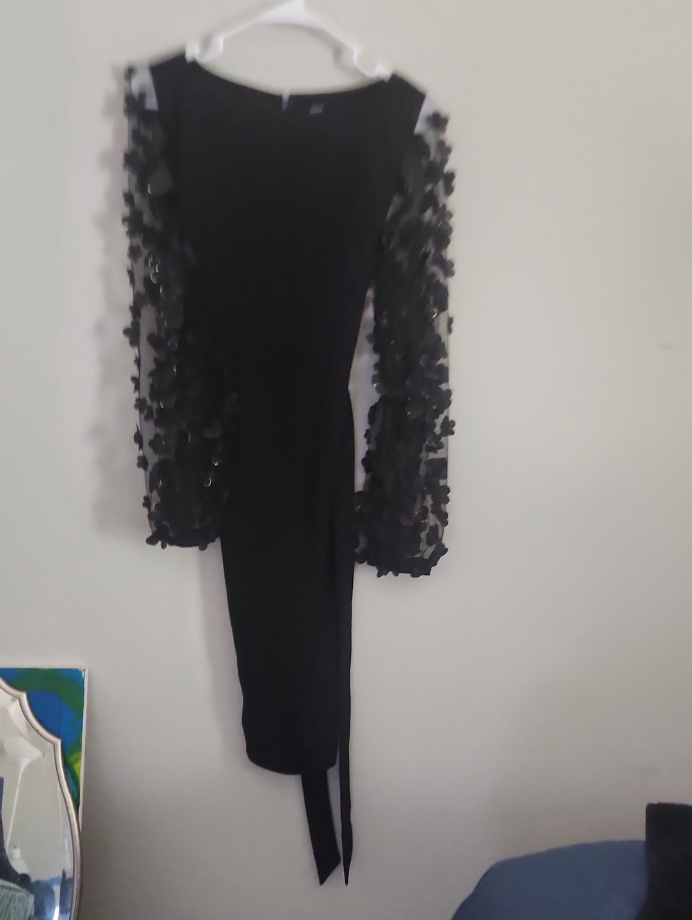SHEIN Black Long Sleeve Dress with 3D Floral Sleeves
